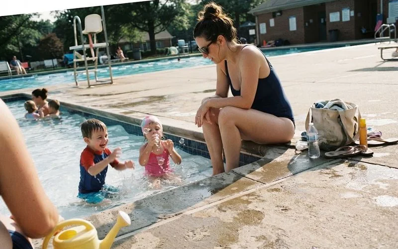 A parent standing at the pool's edge closely watching two young children swimming, without a phone or other distraction in hand