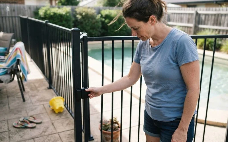 A self-latching pool gate being tested by hand to confirm it closes and locks properly, with the pool visible in the background