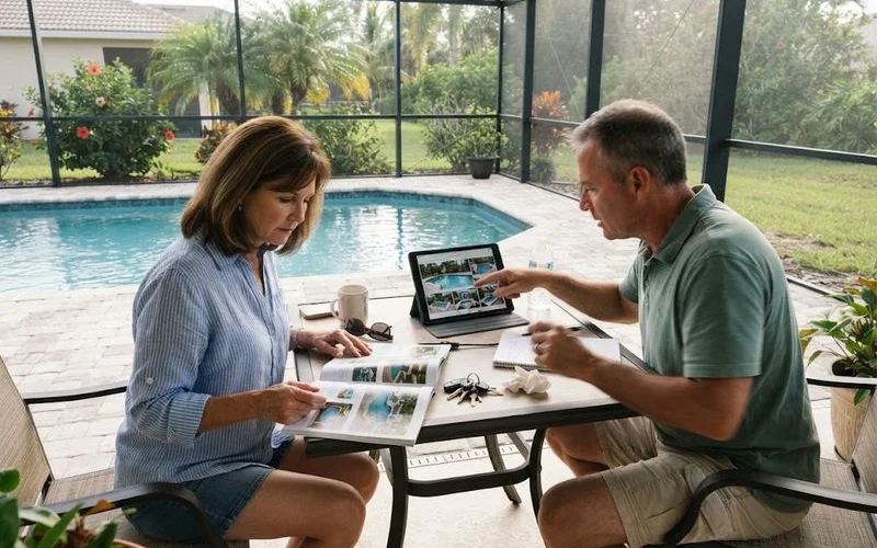 A Naples backyard pool deck with a laptop open to a contractor comparison page and a smartphone showing a map of local businesses