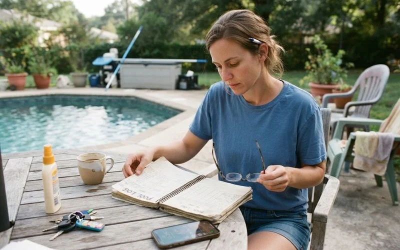 A new pool owner reviewing paperwork and a simple maintenance log at a table beside their backyard pool