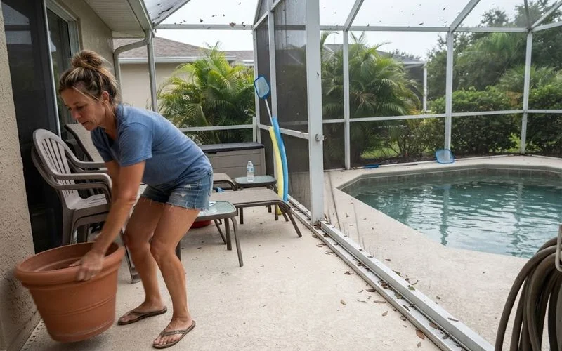 A residential pool with an attached screen enclosure, patio furniture secured and stacked ahead of an approaching storm