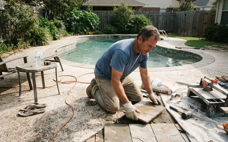 A pool deck under renovation with new paver stones being laid in a herringbone pattern around a freshly resurfaced pool edge