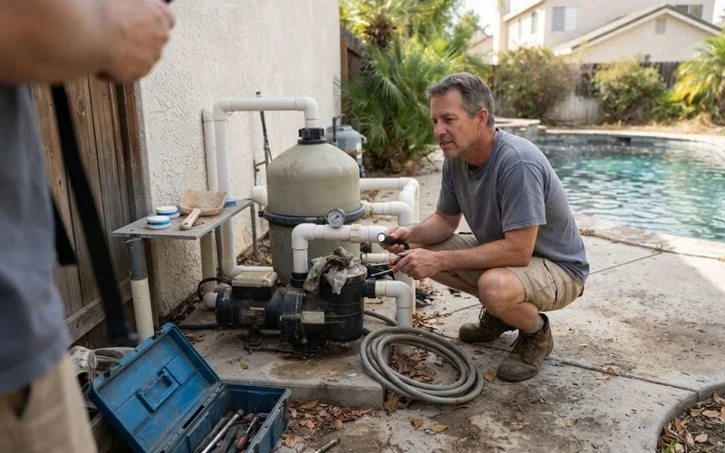 A home inspector examining pool equipment including a pump and filter system at the side of a residential Naples property
