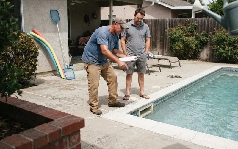 A contractor reviewing pool construction permit documents and site plans on a clipboard at a residential Naples backyard project