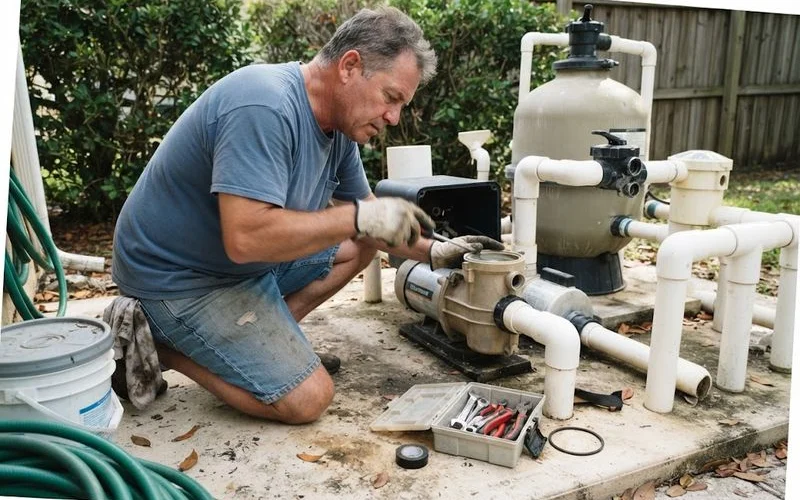 A pool technician inspecting a pump motor and housing at the equipment pad beside a residential pool, with tools laid out nearby