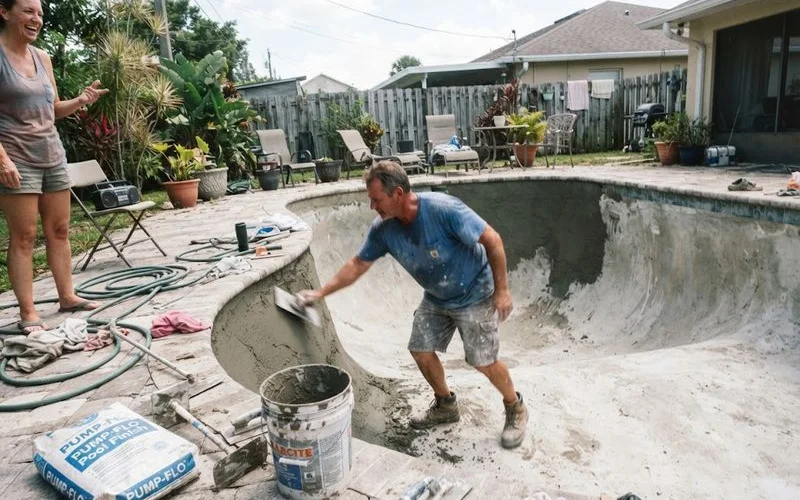 A drained residential pool shell mid-resurfacing with old plaster chipped away and new pebble aggregate finish partially applied along one wall