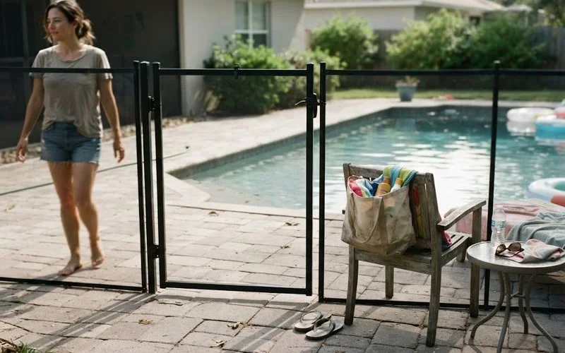 A residential pool enclosed by a mesh safety fence with a self-latching gate, viewed from the pool deck toward the house