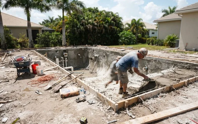 A newly poured concrete pool shell under construction at a residential Naples backyard site, with rebar framework visible before the gunite spray application