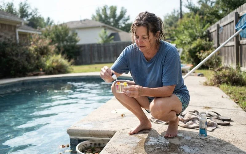 A person using a test strip to check chlorine and pH levels in pool water beside the pool edge