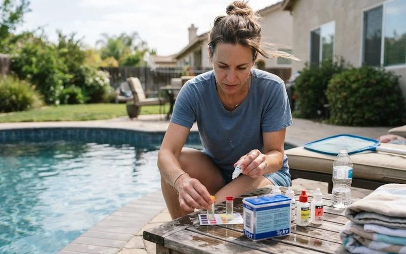 A homeowner testing pool water chemistry with a test kit and reading the chlorine and pH levels beside a residential pool