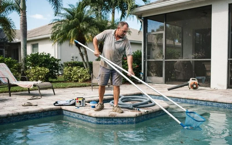 A pool technician skimming debris from the water surface with a long-handled net beside a residential Naples pool deck in early morning light